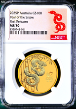Load image into Gallery viewer, 2025 Australia Bullion GOLD $100 Lunar Year of the Snake NGC MS70 1oz Coin FR