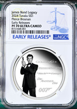 Load image into Gallery viewer, 2024 James Bond Legacy 4th Issue Pierce Brosnan SILVER $1 1oz COIN NGC PF70 ER
