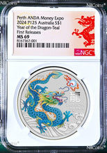 Load image into Gallery viewer, 2024 Silver Lunar Year Dragon TEAL NGC MS69 1oz $1 ANDA PERTH MONEY EXPO