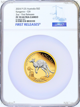 Load image into Gallery viewer, 2024 Australia GILT Proof 2oz .9999 Silver Kangaroo $2 Coin NGC PF70 FR Blue LB
