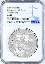 Load image into Gallery viewer, 2024 SPONGEBOB SQUAREPANTS 25th ANNIVERSARY 1oz .9999 Silver $1 COIN NGC MS70 E