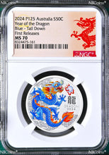 Load image into Gallery viewer, 2024 Silver Lunar Year of the Dragon NGC MS70 1/2oz Coin Color Blue - Tail Down
