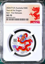 Load image into Gallery viewer, 2024 Silver Lunar Year of the Dragon NGC MS70 1/2oz Coin Color RED