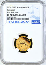 Load image into Gallery viewer, 2024 Australia Kangaroo PROOF 1/4oz .9999 GOLD $25 NGC PF70 Coin Early Releases