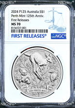 Load image into Gallery viewer, 2024 P Perth Mint 125 Anniv. 1oz Silver Kangaroo/koala/Kooka NGC MS70 $1 Coin F