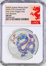 Load image into Gallery viewer, The LAST Color: 2024 Silver Year Dragon LILAC NGC MS69 1oz $1 Sydney Money Expo