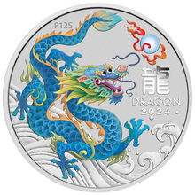 Load image into Gallery viewer, 2024 Lunar Year of the Dragon 1oz TEAL Silver $1 Coin in Mint Capsule RGLR issue