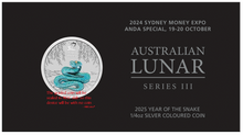 Load image into Gallery viewer, RARE 2024 Silver Sydney ADNA Expo Lunar Year of the SNAKE 1/4oz 25c NGC MS70