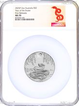 Load image into Gallery viewer, 2025 Australia .9999 Silver Lunar Year of the Snake NGC MS70 2oz $2 Coin FR