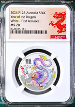 Load image into Gallery viewer, 2024 Silver Lunar Year of the Dragon NGC MS70 1/2oz Coin Color WHITE