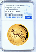 Load image into Gallery viewer, 2024 Australian High Relief Proof Kangaroo $200 NGC PF70 .9999 2oz GOLD Coin FR
