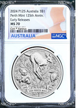Load image into Gallery viewer, 2024 P Perth Mint 125 Anniv. 1oz Silver Kangaroo/koala/Kooka NGC MS70 $1 Coin ER