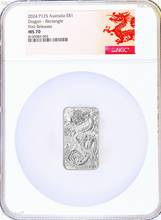 Load image into Gallery viewer, 2024 Dragon 1oz .9999 Silver Rectangular $1 Dollar Bar COIN NGC MS 70 FR D Label