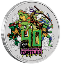 Load image into Gallery viewer, 2024 TEENAGE MUTANT NINJA TURTLES 40TH ANN. 1oz SILVER $1 Colored Coin In Card