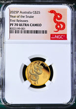 Load image into Gallery viewer, 2025 Australia PROOF GOLD $125 Lunar Year of the Snake NGC PF70 1/4oz Coin FR