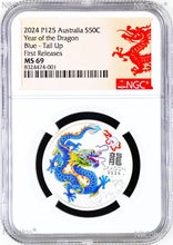 Load image into Gallery viewer, 2024 Silver Lunar Year of the Dragon NGC MS69 1/2oz Coin Color Blue - Tail Up