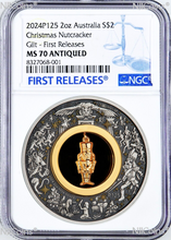 Load image into Gallery viewer, 2024 Christmas NUTCRACKER 2oz Silver Gilt Insert Antiqued Coin MS70 FR