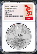 Load image into Gallery viewer, 2025 Australia .9999 Silver Lunar Year of the Snake NGC MS70 1oz $1 Coin