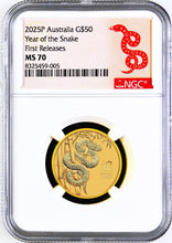Load image into Gallery viewer, 2025 Australia Bullion GOLD $50 Lunar Year of the Snake NGC MS70 1/2oz Coin FR