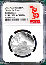 Load image into Gallery viewer, 2025 Australia PROOF Silver Lunar Year of the SNAKE NGC PF70 1/2oz Coin FR