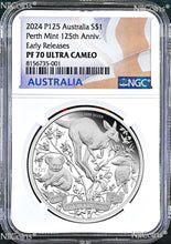 Load image into Gallery viewer, 2024 P Perth Mint 125 Anniv. 1oz Silver Kangaroo/koala/Kooka NGC PF70 $1 Coin ER