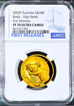 Load image into Gallery viewer, 2025 Australian Koala 1oz Gold Proof High Relief $100 COIN NGC PF70 FR Blue LB