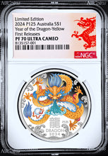 Load image into Gallery viewer, 2024 Australia PROOF Colored Silver Lunar Year of the DRAGON NGC PF70 1oz Coin Yellow