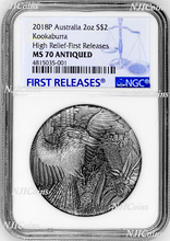 Load image into Gallery viewer, 2018 AUSTRALIA Kookaburra HIGH RELIEF ANTIQUED 2oz Silver $2 COIN NGC MS70 FR