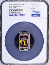Load image into Gallery viewer, 2018 POSTERS WW1 WORLD WAR Peace Bonds 1oz Silver Rectangle Proof Coin NGC PF 70