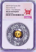Load image into Gallery viewer, 2021 LUNAR Year of the OX 1oz $1 Silver Rotating Charm Antiqued Coin NGC MS 69