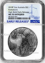 Load image into Gallery viewer, 2018 AUSTRALIA Kookaburra HIGH RELIEF ANTIQUED 2oz Silver $2 COIN NGC MS70 ER