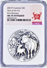 Load image into Gallery viewer, 2021 Australia Antiqued LUNAR Year of the OX 2oz $2 Silver Coin NGC MS70 FR