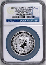 Load image into Gallery viewer, 2015 QUEEN ELIZABETH LONGEST REIGNING MONARCH Silver $1 INTAGLIO coin NGC PF70