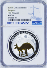 Load image into Gallery viewer, 2019 P Australia GILDED Silver Kangaroo NGC MS70 1oz Coin w/OGP gilt FR BL LABEL