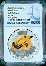 Load image into Gallery viewer, 2018 TUVALU MONEY TOAD SILVER GILT w/ 24k gold $1 1oz COIN NGC MS 70 GILDED ER