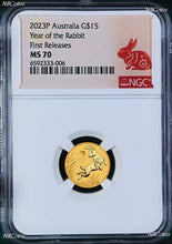 Load image into Gallery viewer, 2023 Australia Bullion GOLD $15 Lunar Year of the Rabbit NGC MS70 1/10oz Coin FR