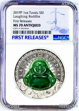 Load image into Gallery viewer, DARK GREEN (Emerald Like) 2019 Laughing Buddha 1oz Silver $1 COIN NGC MS70 Jade