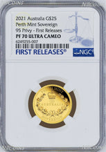 Load image into Gallery viewer, 2021 Australia 95 privy mark Sovereign 1/4 oz GOLD $25 coin NGC PF70 FR w/ OGP