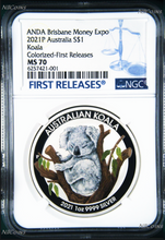 Load image into Gallery viewer, 2021 ANDA Brisbane Money Show Colored Koala 1oz Silver Coin NGC MS70 FR