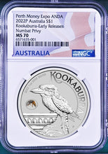 Load image into Gallery viewer, 2022 Kookaburra 1oz Silver Coin Numbat Privy Perth Money Expo NGC MS70 ANDA ER