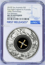 Load image into Gallery viewer, 2019 First Flight England to Australia 2oz Silver Antiqued $2 Coin NGC MS70 FR