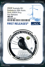 Load image into Gallery viewer, 2020 30th Ann. Kookaburra 1oz Silver Coin Kangaroo Paw Privy NGC MS69 ANDA BL FR