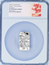 Load image into Gallery viewer, 2022 PROOF Dragon 1oz .9999 Silver Rectangular $1 Dollar Bar COIN NGC MS 70 FR
