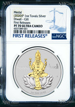 Load image into Gallery viewer, 2020 TUVALU Diwali Festival Hindu New Year Gift 1oz Silver Gilt NGC PF70 Medal