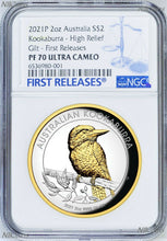 Load image into Gallery viewer, 2021 Australia GILT HIGH RELIEF 2oz Silver Kookaburra $2 Coin NGC PF70 FR BlueLB