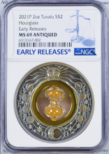 Load image into Gallery viewer, 2021 Hourglass 2oz Silver Antiqued Coin NGC MS 69 ER