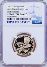 Load image into Gallery viewer, 2020 S Sacagawea $1 Anti-Discrimination First Releases NGC PF70 Blue Label Proof