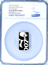 Load image into Gallery viewer, 2022 60 YEARS OF BOND SILVER BLACK COLORED RECTANGLE $1 1oz COIN NGC PF69 ER