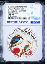 Load image into Gallery viewer, 2023 Berlin Show WMF Australia Kookaburra Silver NGC MS70 1oz $1 Coin FR Blue LB