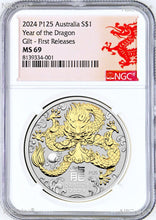 Load image into Gallery viewer, 2024 Australia GILDED Silver Lunar Year of the DRAGON NGC MS 69 1oz Coin FR GILT